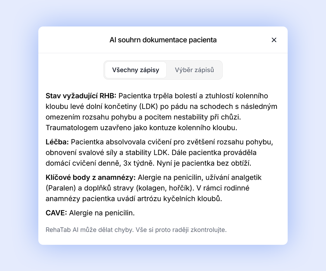 AI souhrn dokumentace pacienta