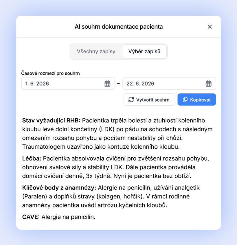 AI souhrn karty pacienta v systému RehaTab